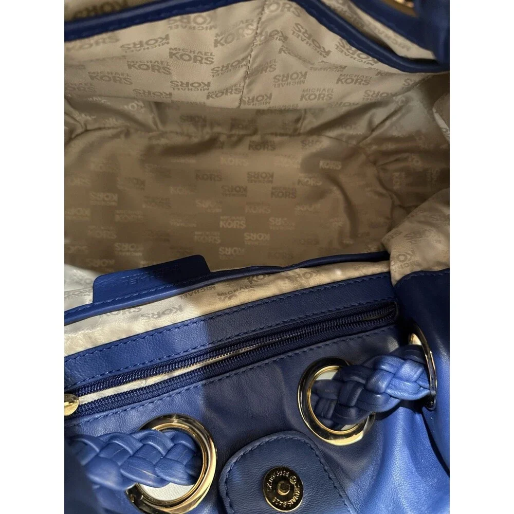 Michael Kors Shoulder Bag Braided Handle Tassel Gold Hardware Logo Charm Blue